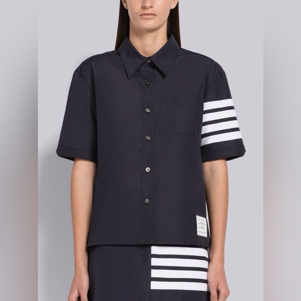 NWT Thom Browne Navy 4-Bar Flyweight Tech Short Sleeve Button Down Shirt